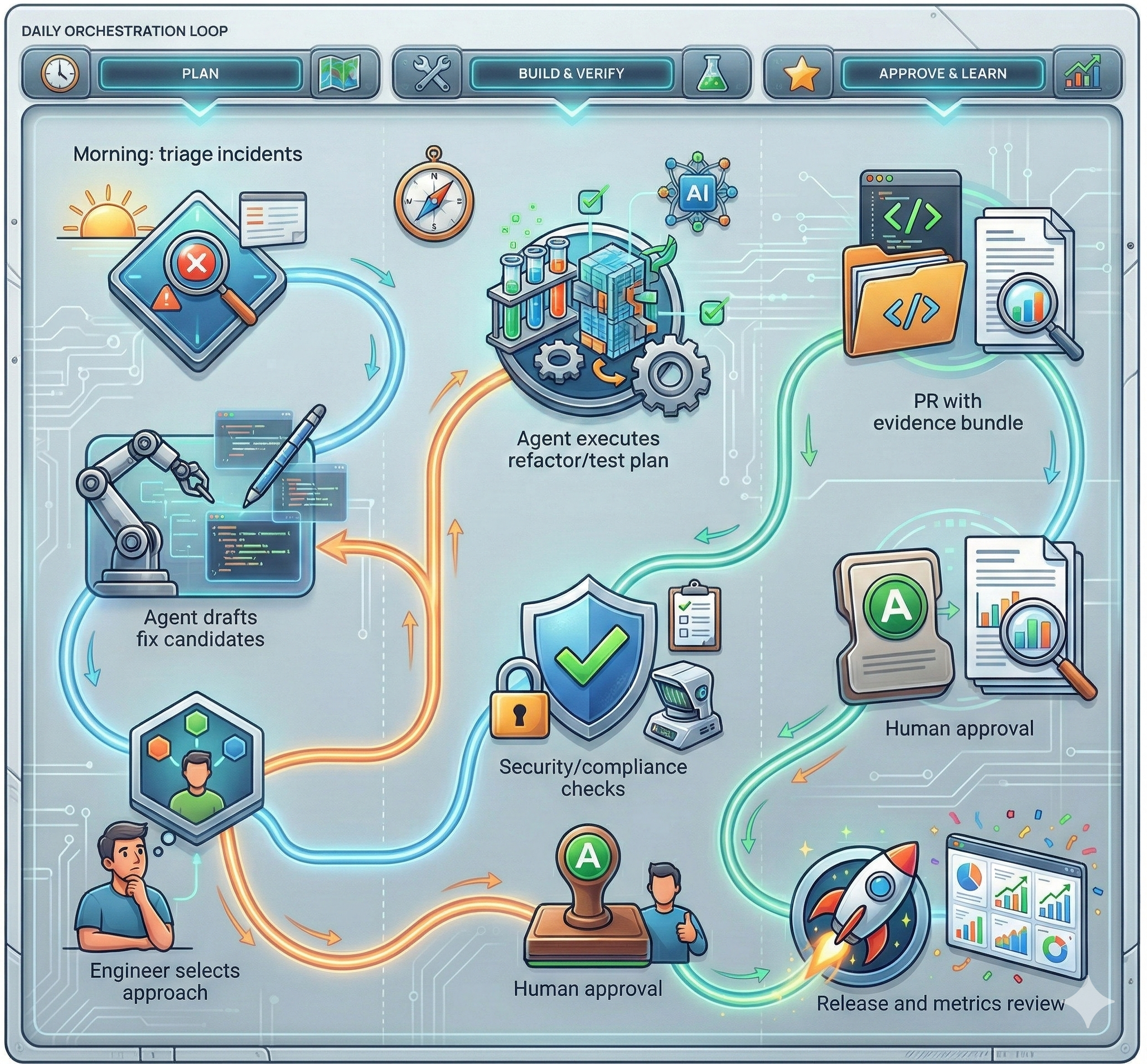 Daily orchestration loop showing an engineer workflow using agents.